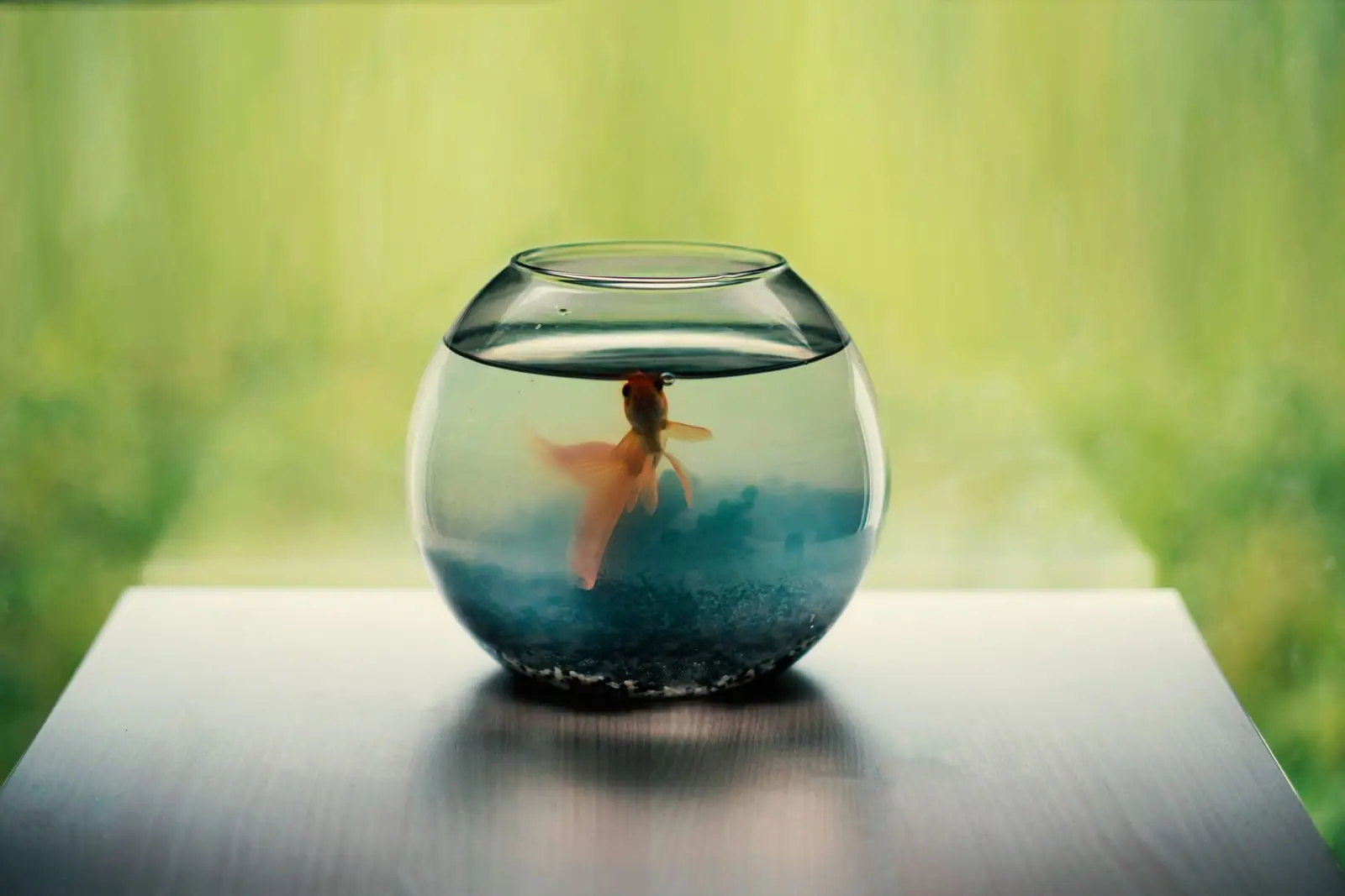A goldfish in a small round bowl on a table